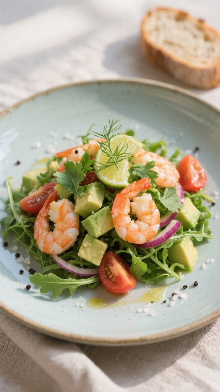 Final plated dish, restaurant presentation: Beautifully plated Shrimp Avocado Salad mounded over a b