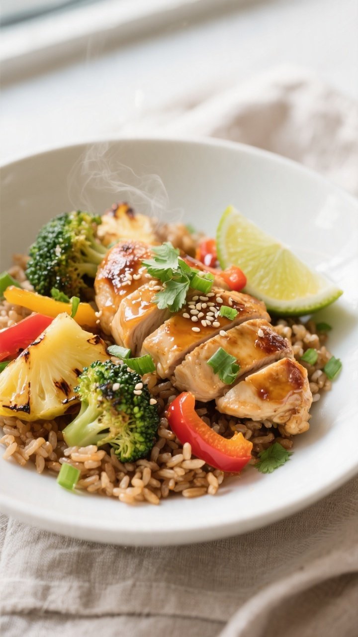 Final plated dish, restaurant-quality: Beautifully plated Healthy Hawaiian Chicken Sheet Pan Dinner 