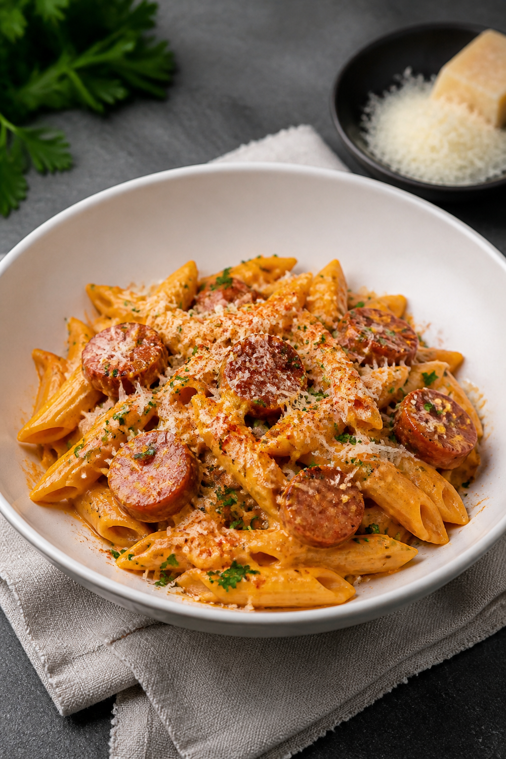 Final plated dish, restaurant-quality: Beautifully plated Cheesy Smoked Sausage Pasta in a wide, sha