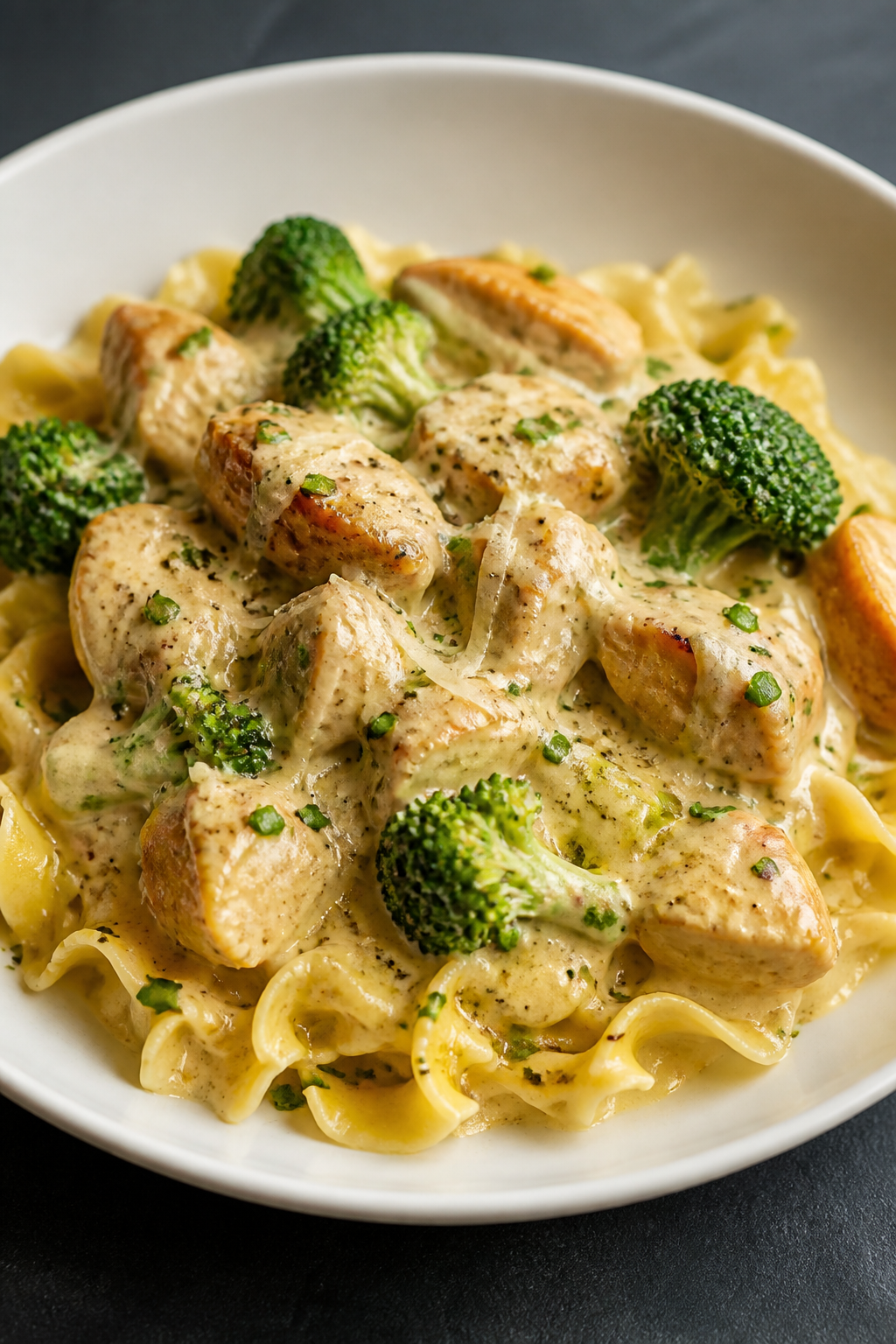 Final plated dish, restaurant-quality: Beautifully plated Creamy Ranch Chicken & Broccoli Spooned ov