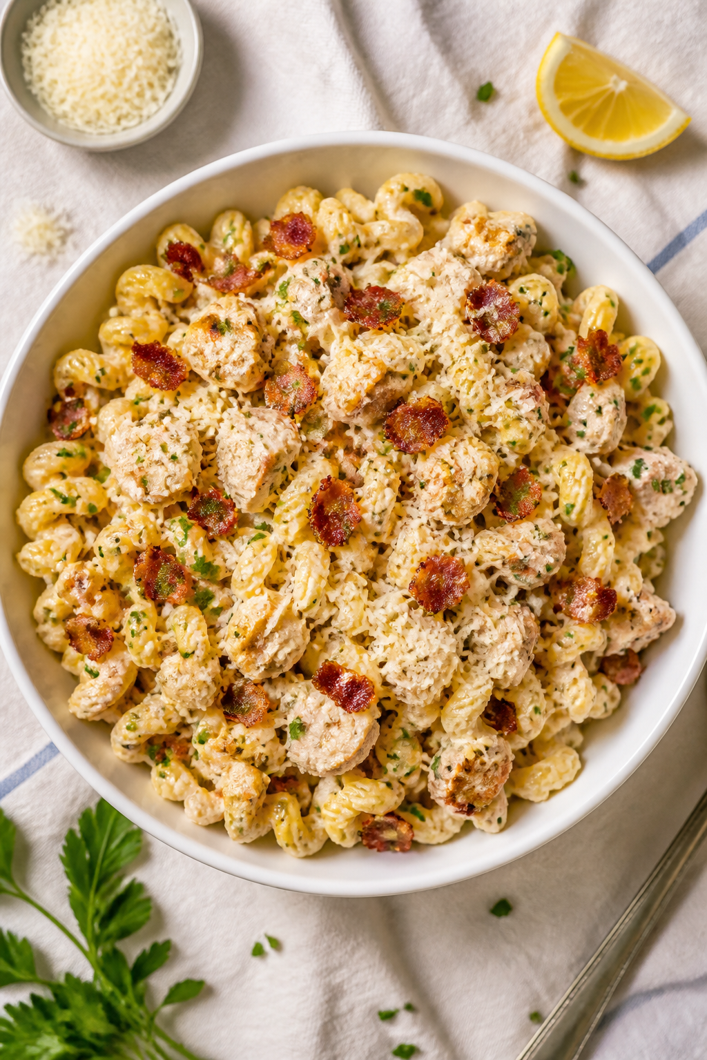 Final plated dish: Restaurant-quality bowl of Creamy Bacon Ranch Chicken Pasta, top-down hero shot. 