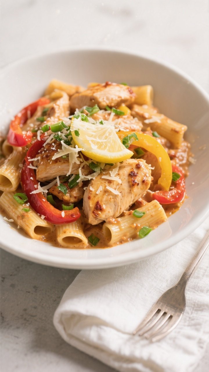 Final plated dish: restaurant-quality bowl of High-Protein Creamy Cajun Chicken Pasta served in a ma