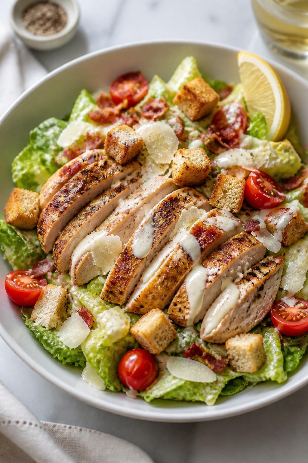 Final plated dish — Restaurant-quality Caesar bowl finish: Beautifully plated Chicken Bacon Caesar
