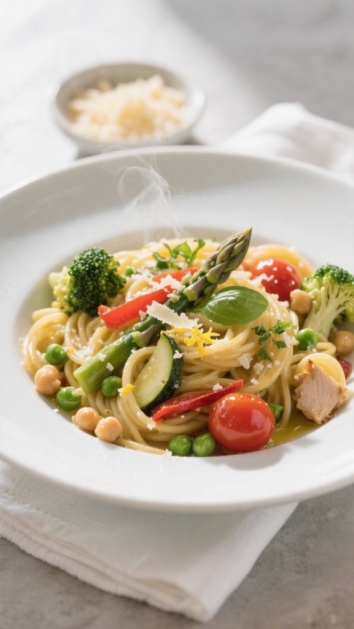 Final plated dish — restaurant-quality presentation: Beautifully plated High Protein Pasta Primave