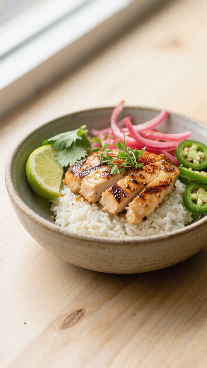 Final plated dish — Restaurant-quality presentation of Garlic Lime Chicken Bowl (coconut-lime vari