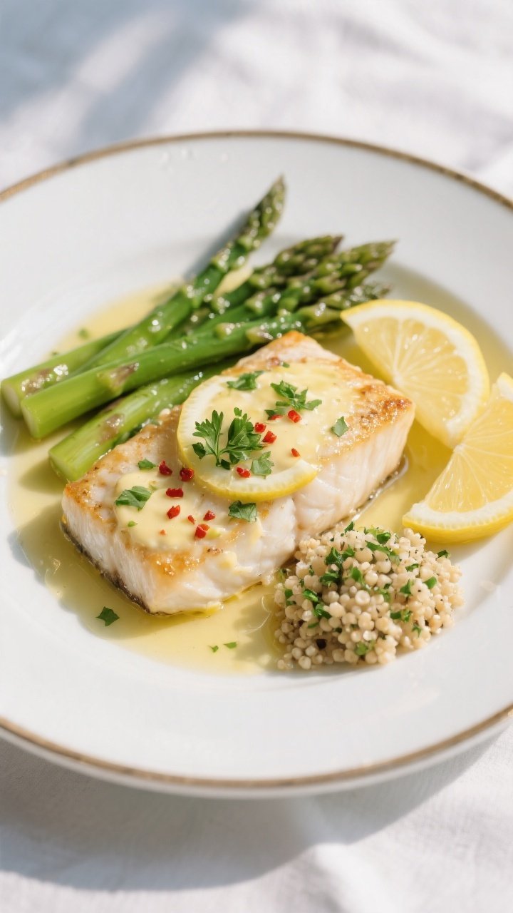 Final plated dish: Restaurant-quality presentation of High Protein Lemon Butter Cod on a white rimme