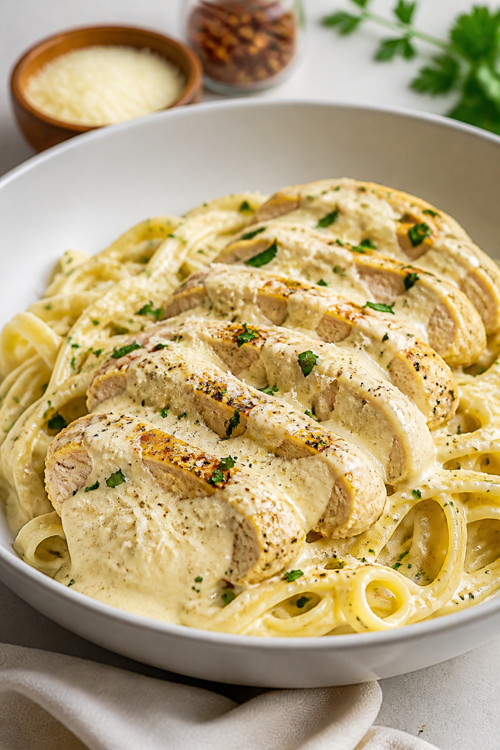 Final plated dish, restaurant-quality presentation: Sliced creamy Italian chicken over buttered fett