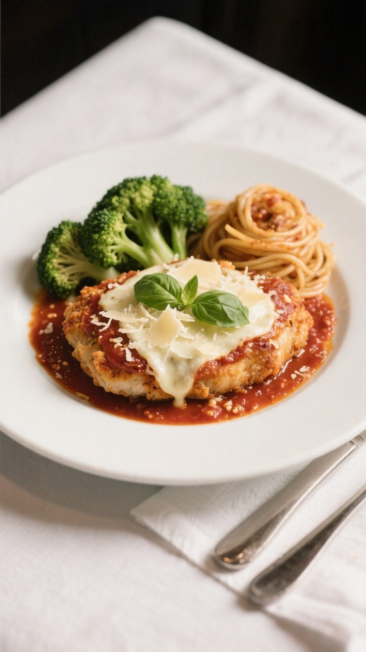 Final plated dish: Restaurant-quality presentation of High Protein Chicken Parmesan on a white rimme