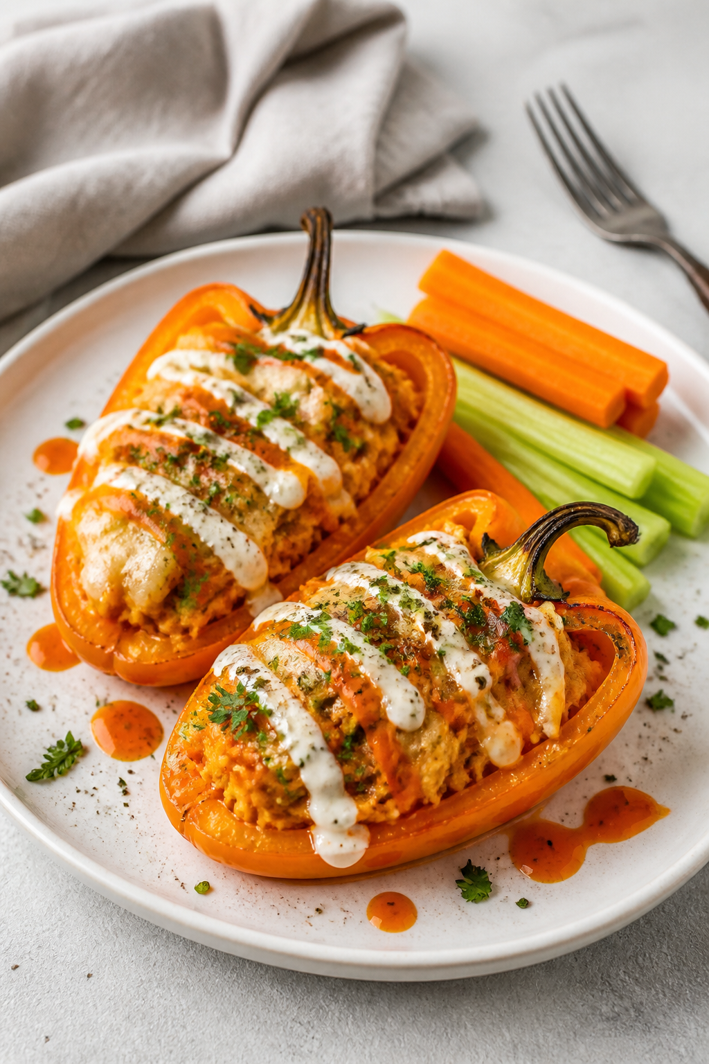 Final plated dish: Restaurant-quality presentation of two buffalo chicken stuffed pepper halves on a