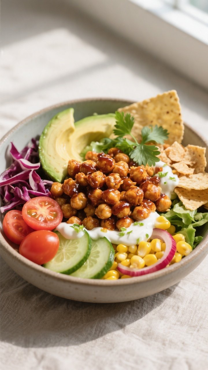 Final plated dish: Restaurant-quality presentation of a Crispy BBQ Chickpea Salad Bowl, hero-style 3