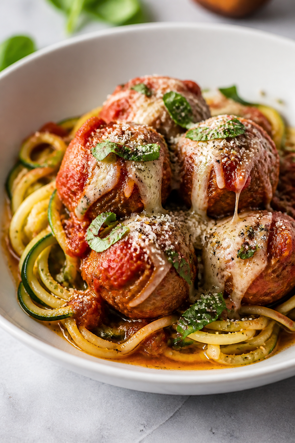 Final plated dish: Restaurant-quality presentation of Low Carb Italian Meatball Bake served over twi