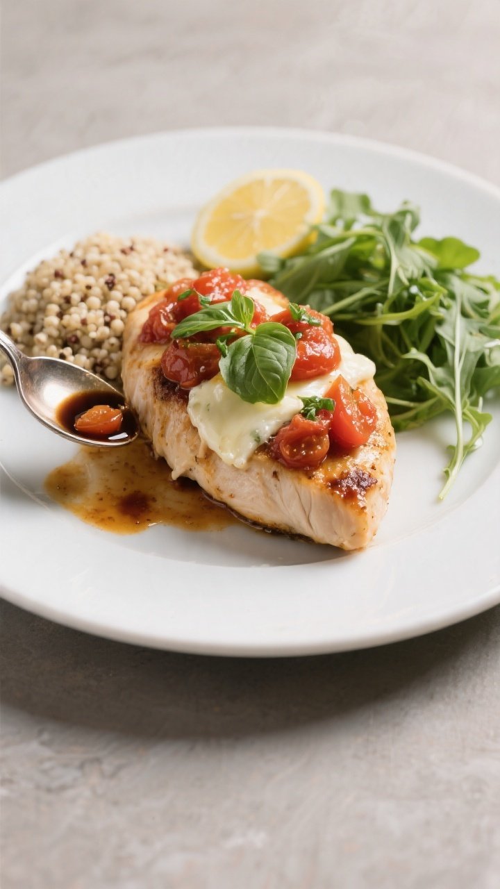 Final plated dish: Restaurant-quality presentation of a single chicken breast on a matte white plate