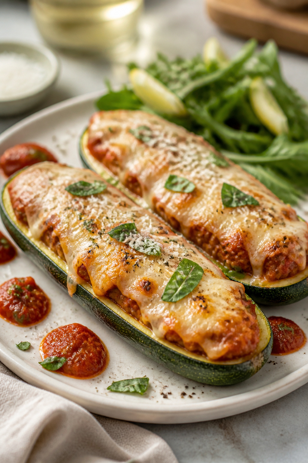 Final plated dish: Restaurant-quality presentation of two Chicken Parmesan Zucchini Boats on a matte