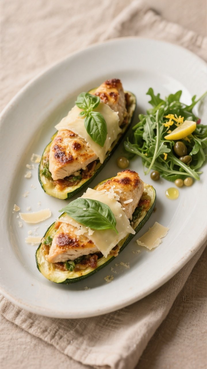 Final plated dish: Restaurant-quality presentation of two Italian chicken zucchini boats on a matte 