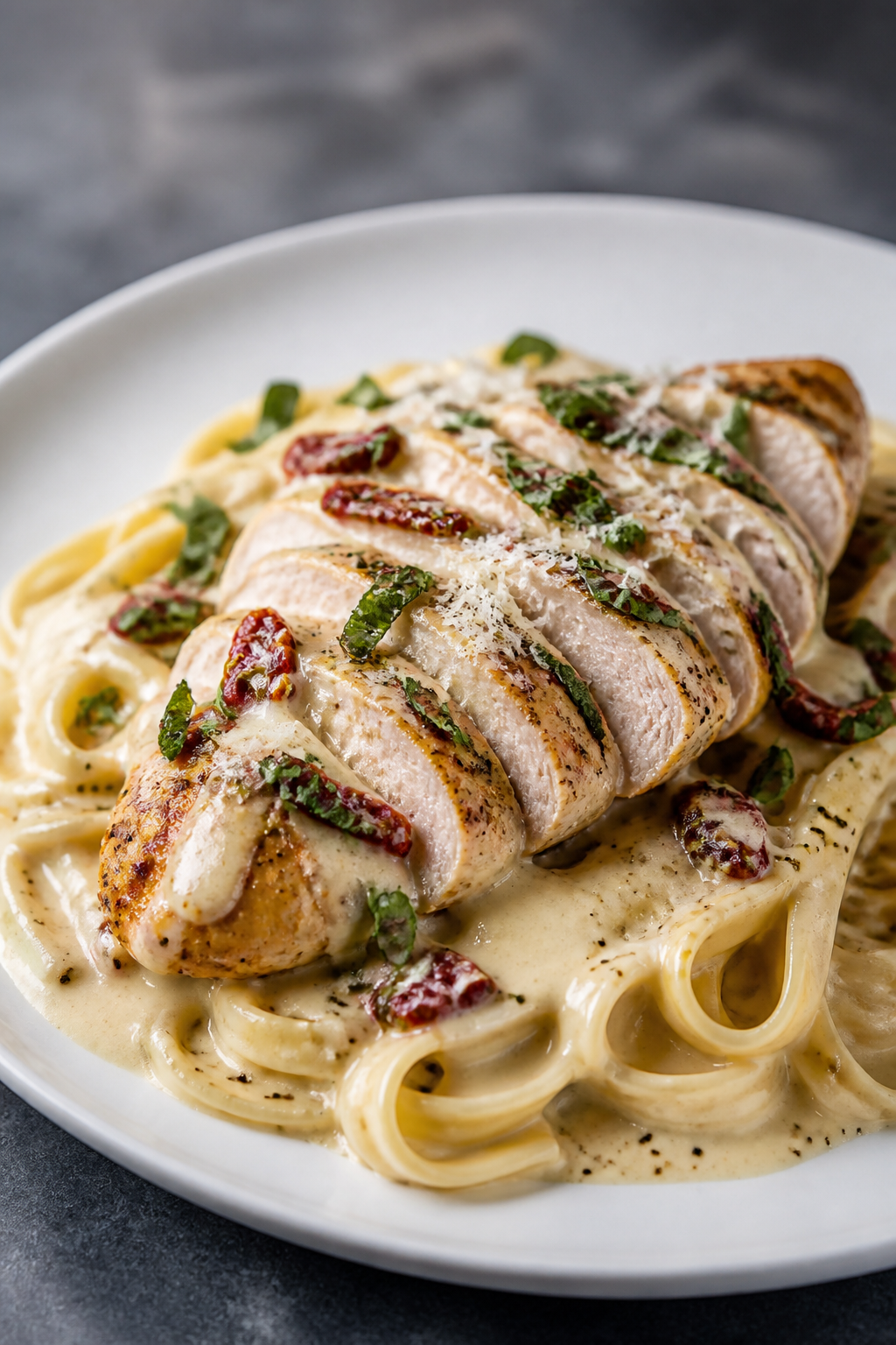 Final plated dish: Restaurant-quality presentation of a single chicken breast sliced to show juicine