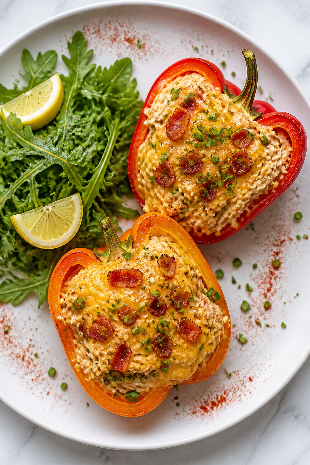 Final plated dish: Restaurant-quality presentation of two crack chicken stuffed pepper halves on a w