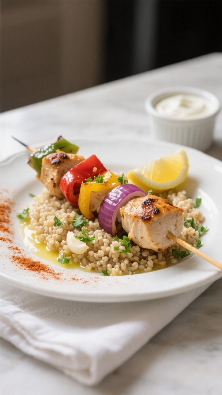 Final plated dish: Restaurant-quality presentation of two kabobs slid off the skewers onto a white c