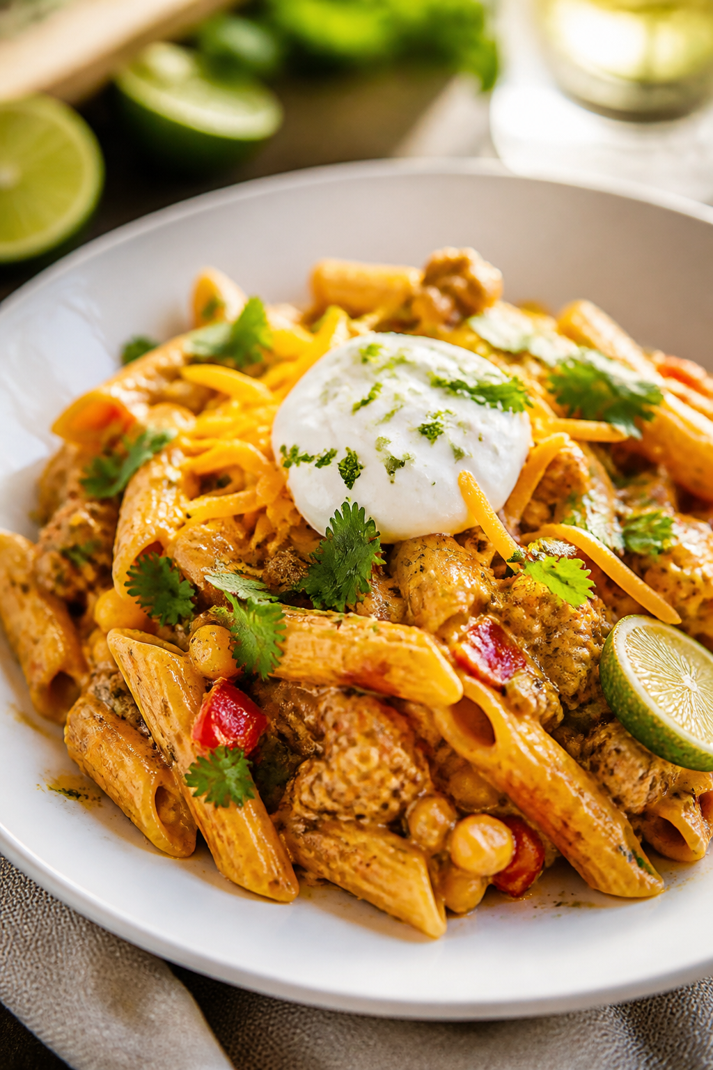 Final plated dish: Restaurant-quality presentation of a heaping bowl of penne taco pasta on a wide w