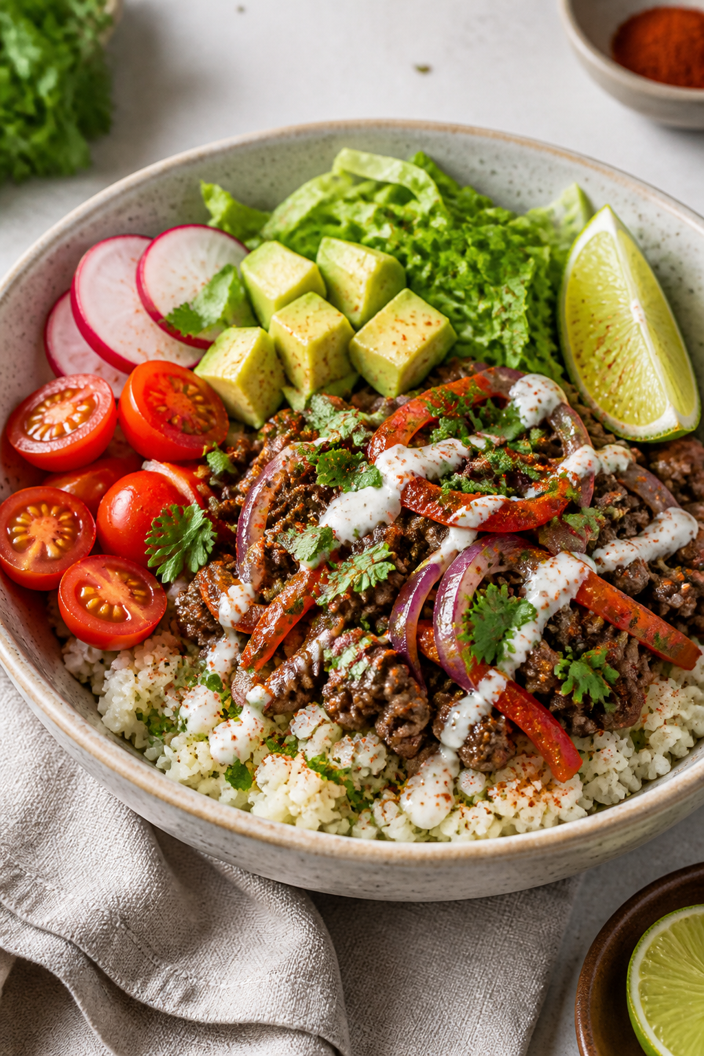 Final plated dish, restaurant-quality presentation: Beautifully plated Low Carb Beef Taco Bowl in a 