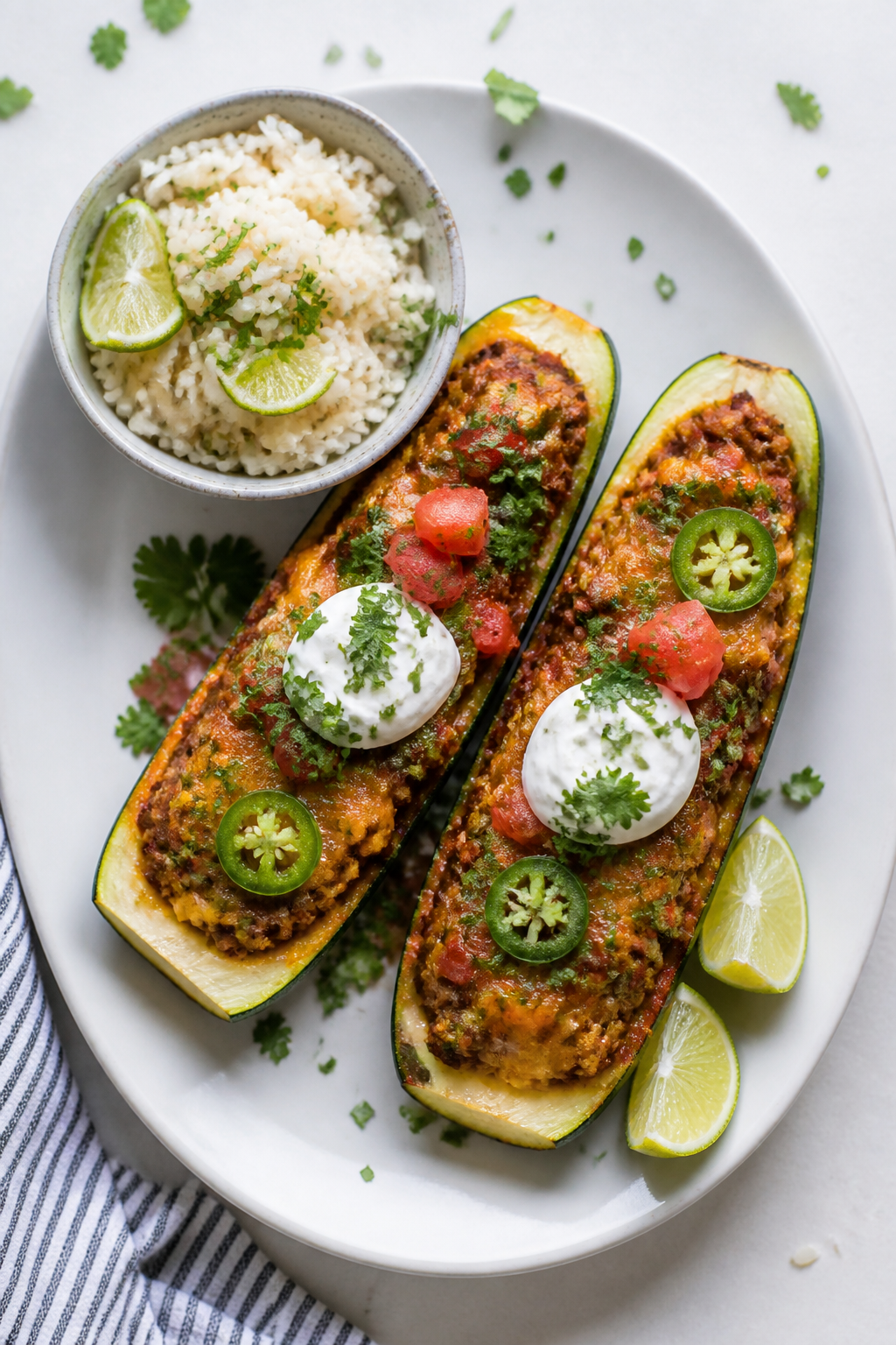 Final plated dish: Restaurant-quality presentation of two high protein taco-stuffed zucchini boats o