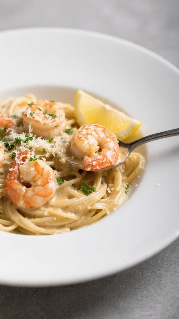 Final plated dish, restaurant-quality presentation: High Protein Creamy Garlic Shrimp spooned over a