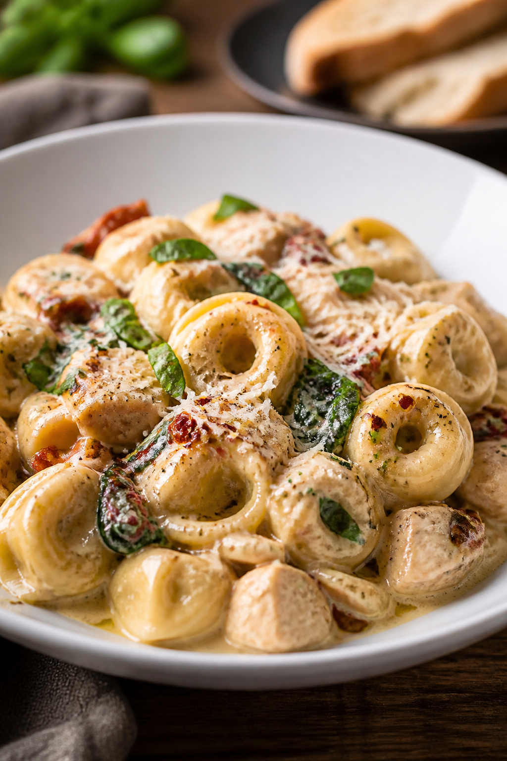 Final plated dish: Restaurant-quality presentation of Creamy Tuscan Tortellini plated in a wide, sha