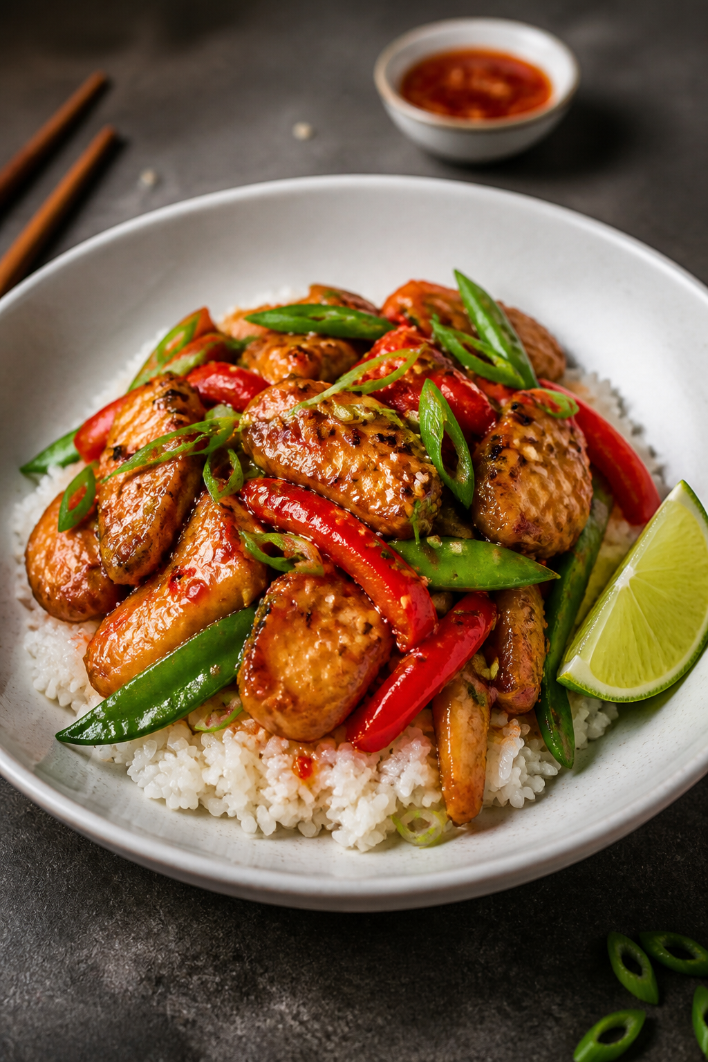 Final plated dish, restaurant-quality presentation: Beautifully plated sweet chili chicken over fluf