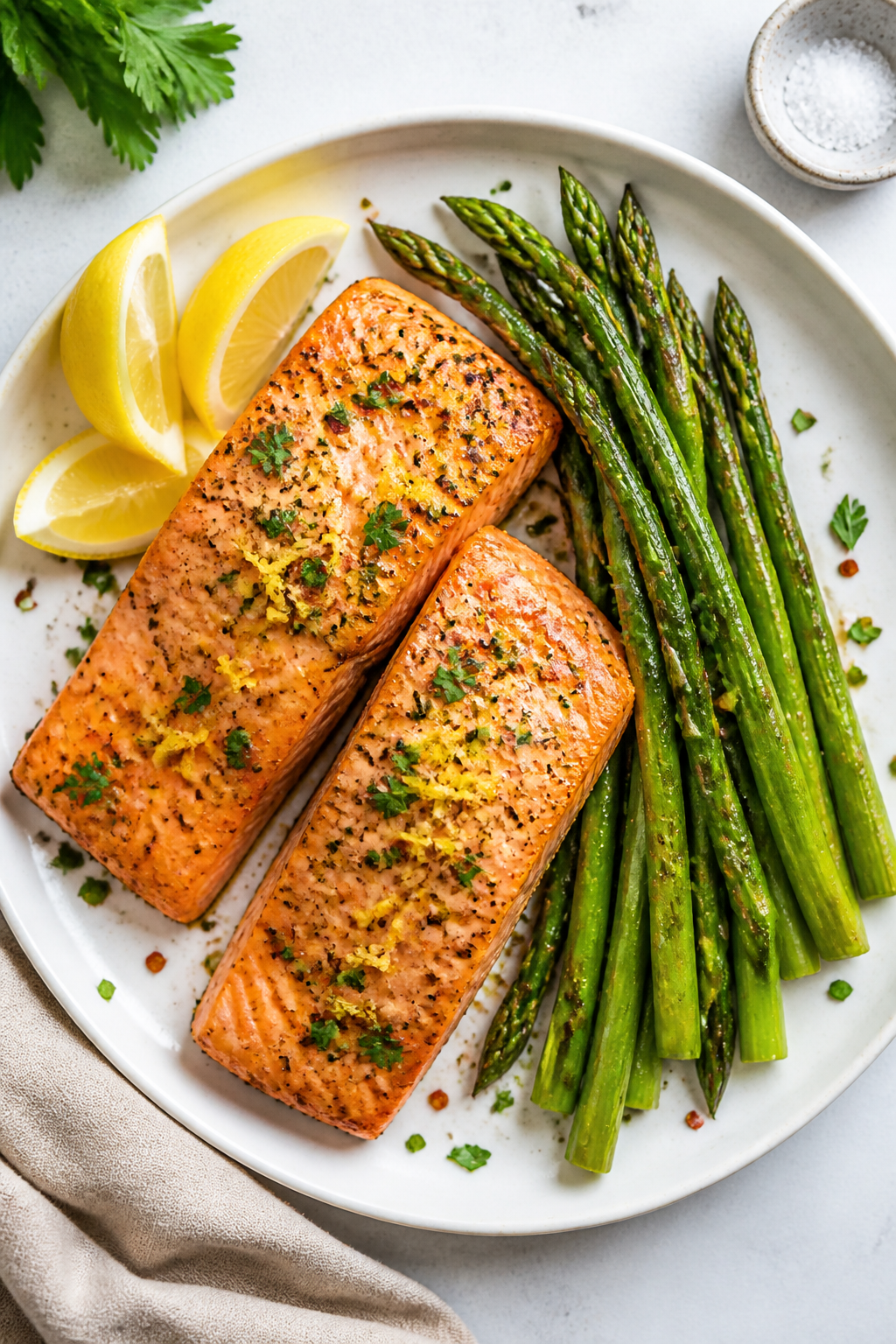 Final plated dish: Restaurant-quality presentation of Easy Air Fryer Salmon & Asparagus on a white c