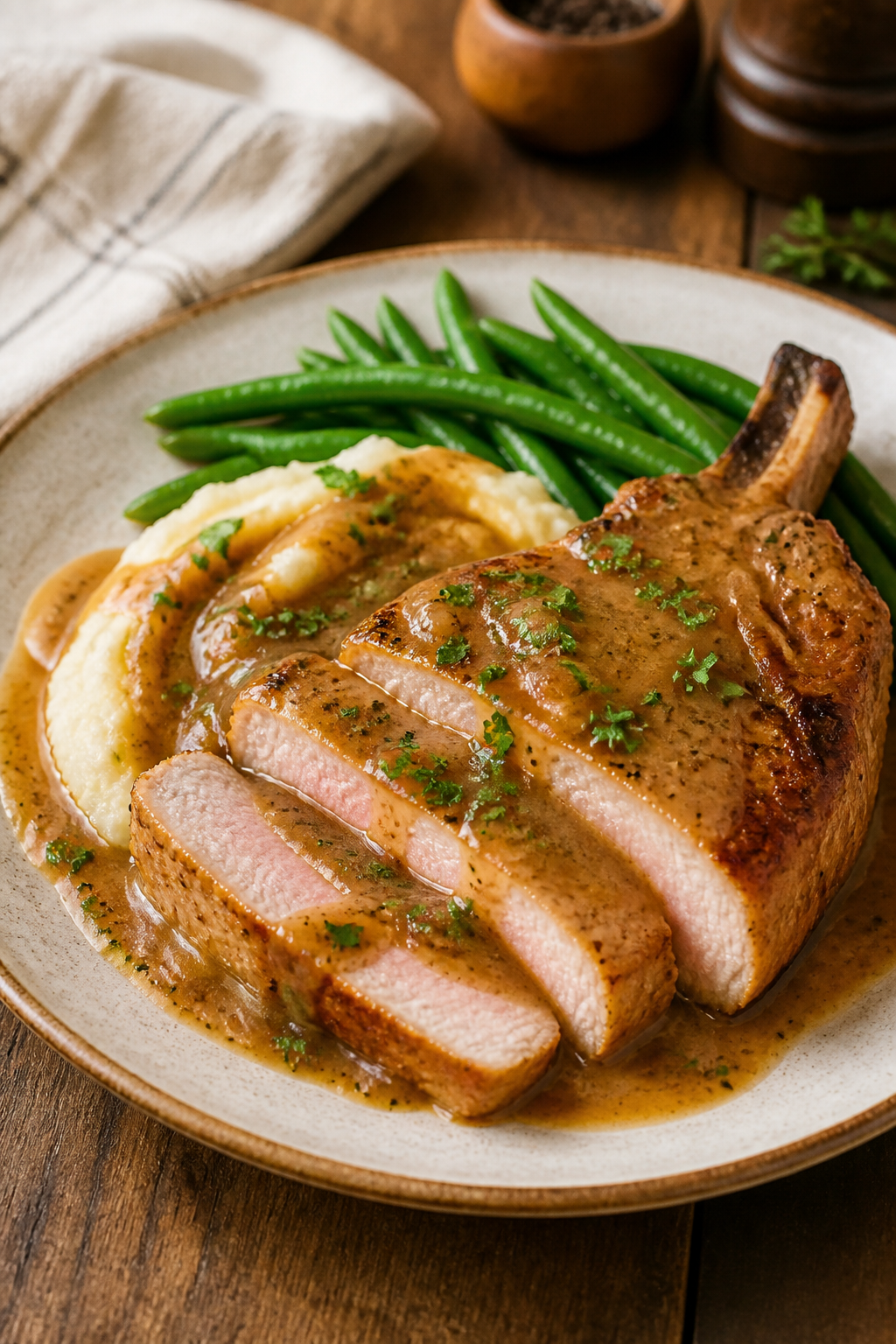 Final plated dish: Restaurant-quality presentation of Melt-In-Your-Mouth Pork Chops & Gravy—one bo
