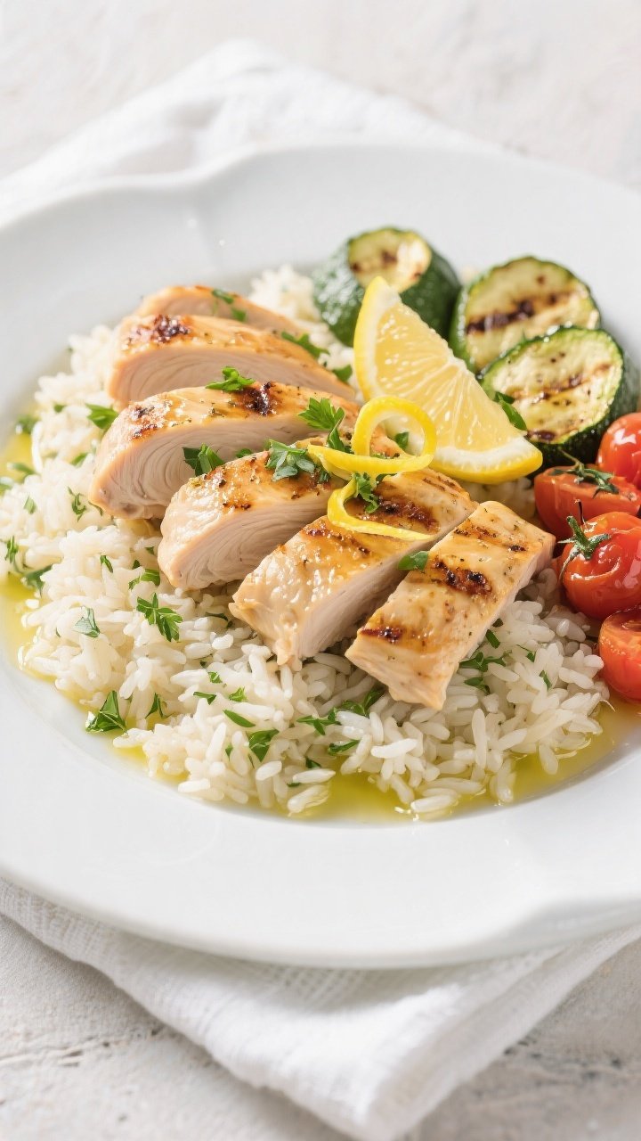 Final plated dish: Restaurant-quality presentation of Lemon Herb Grilled Chicken sliced on a white c