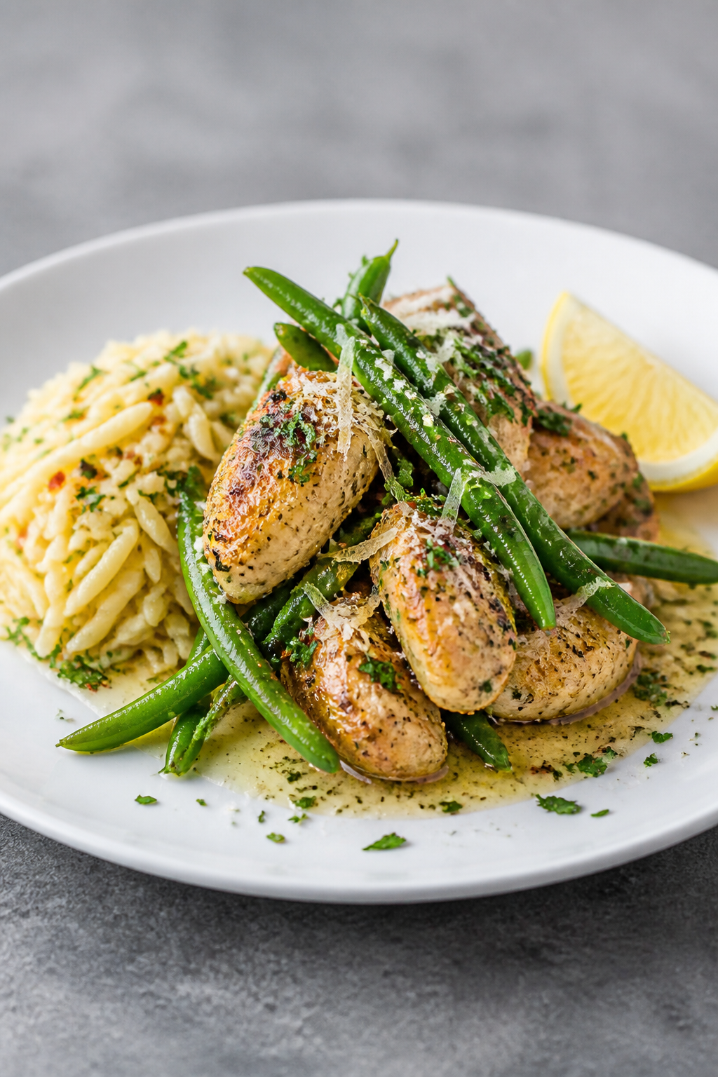 Final plated dish, restaurant-quality presentation: Beautifully plated Garlic Parmesan Chicken & Gre
