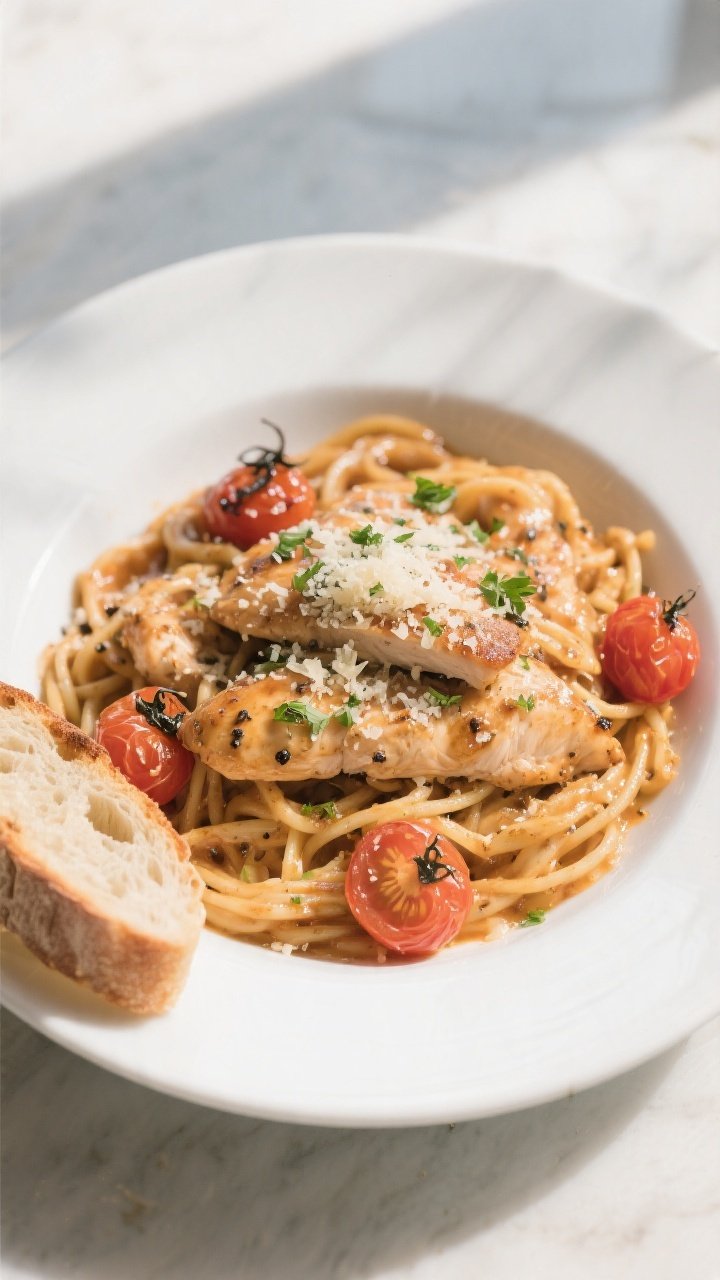 Final plated dish: Restaurant-quality presentation of Garlic Parmesan Chicken Skillet over al dente