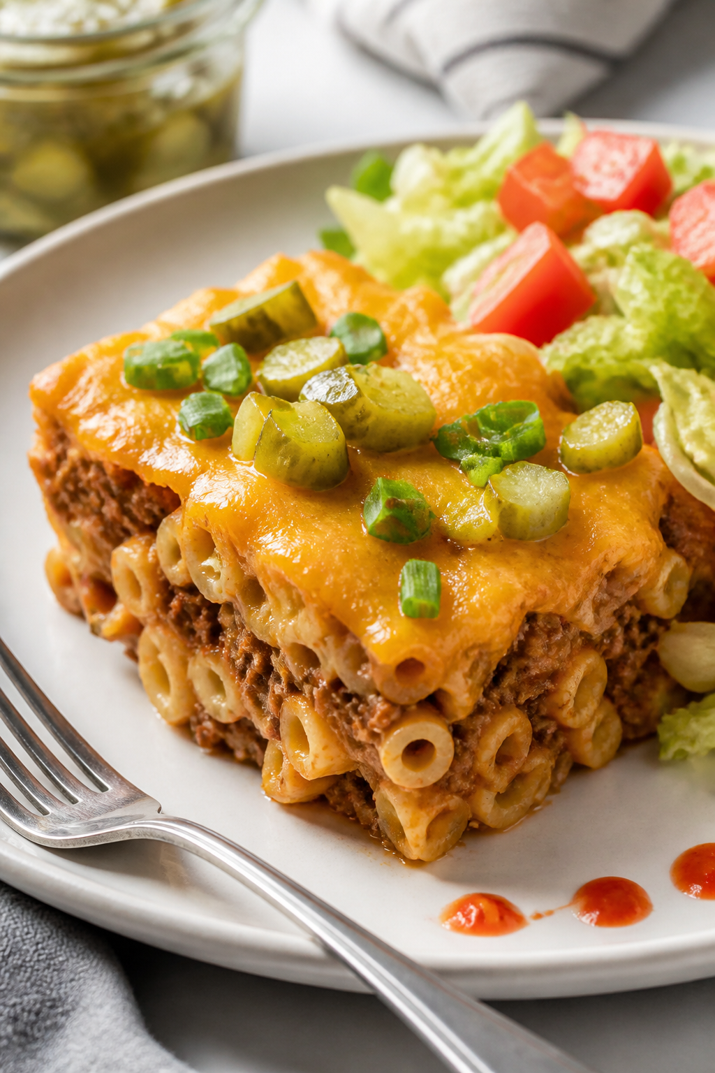 Final plated dish: Restaurant-quality presentation of a square slice of cheeseburger casserole on a