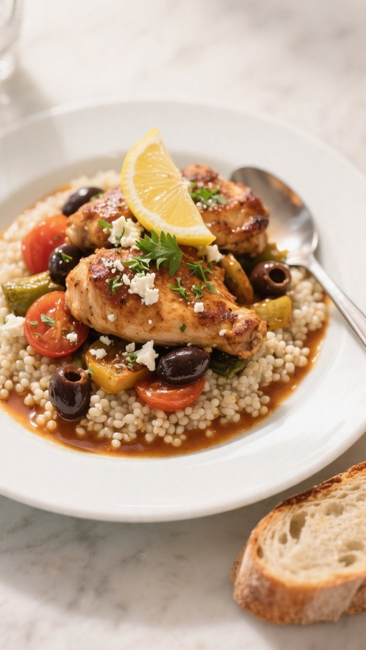 Final plated dish, restaurant-quality presentation: Beautifully plated Mediterranean Chicken Skillet