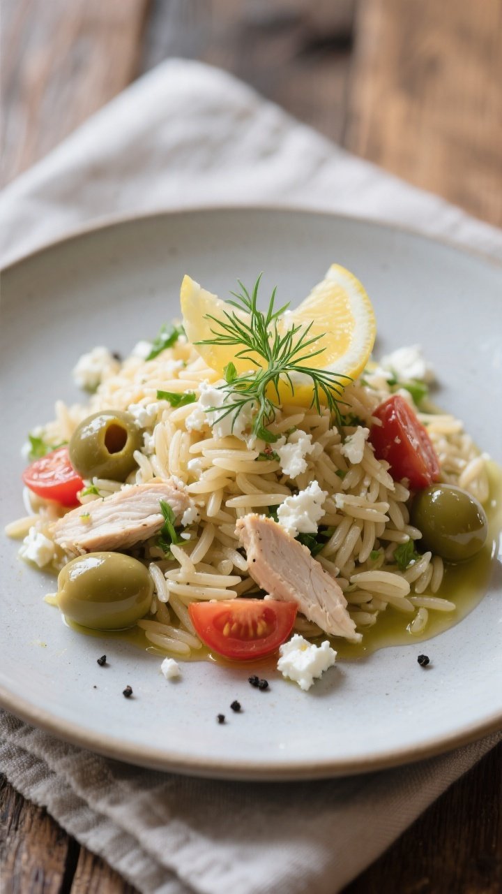 Final plated dish, restaurant-quality presentation: A composed mound of Greek Orzo Chicken Salad on