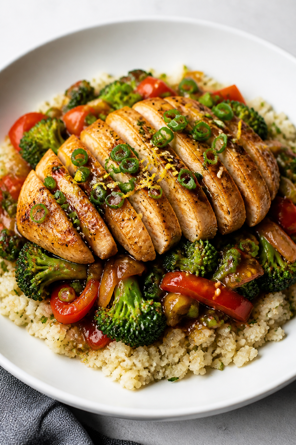 Final plated dish: Restaurant-quality presentation of keto chicken stir fry over a bed of fluffy cau