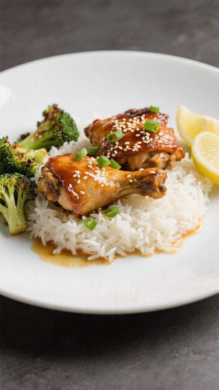 Final plated dish: Restaurant-quality presentation of honey garlic chicken thighs over fluffy steame