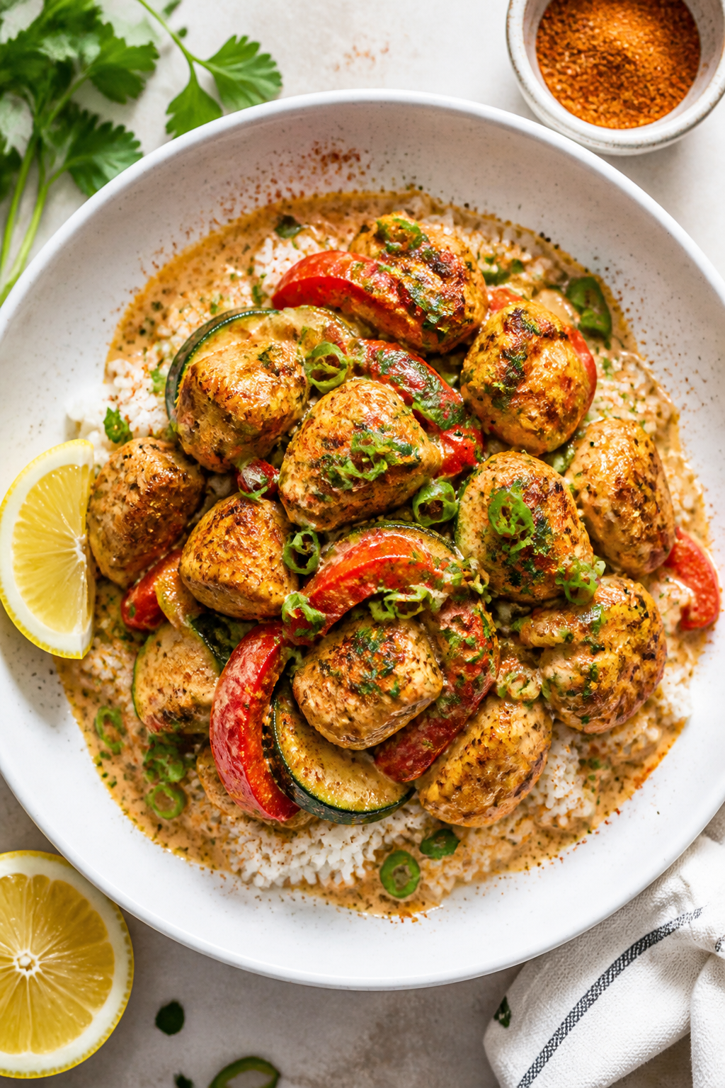 Final plated dish: Restaurant-quality presentation of Creamy Cajun Chicken & Zucchini Skillet spoone