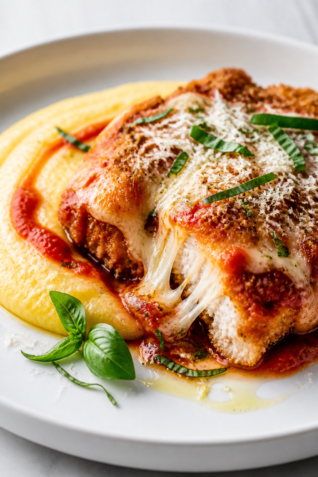 Final plated dish, restaurant-quality: Single plated serving of Chicken Parmesan Bake on a white rim