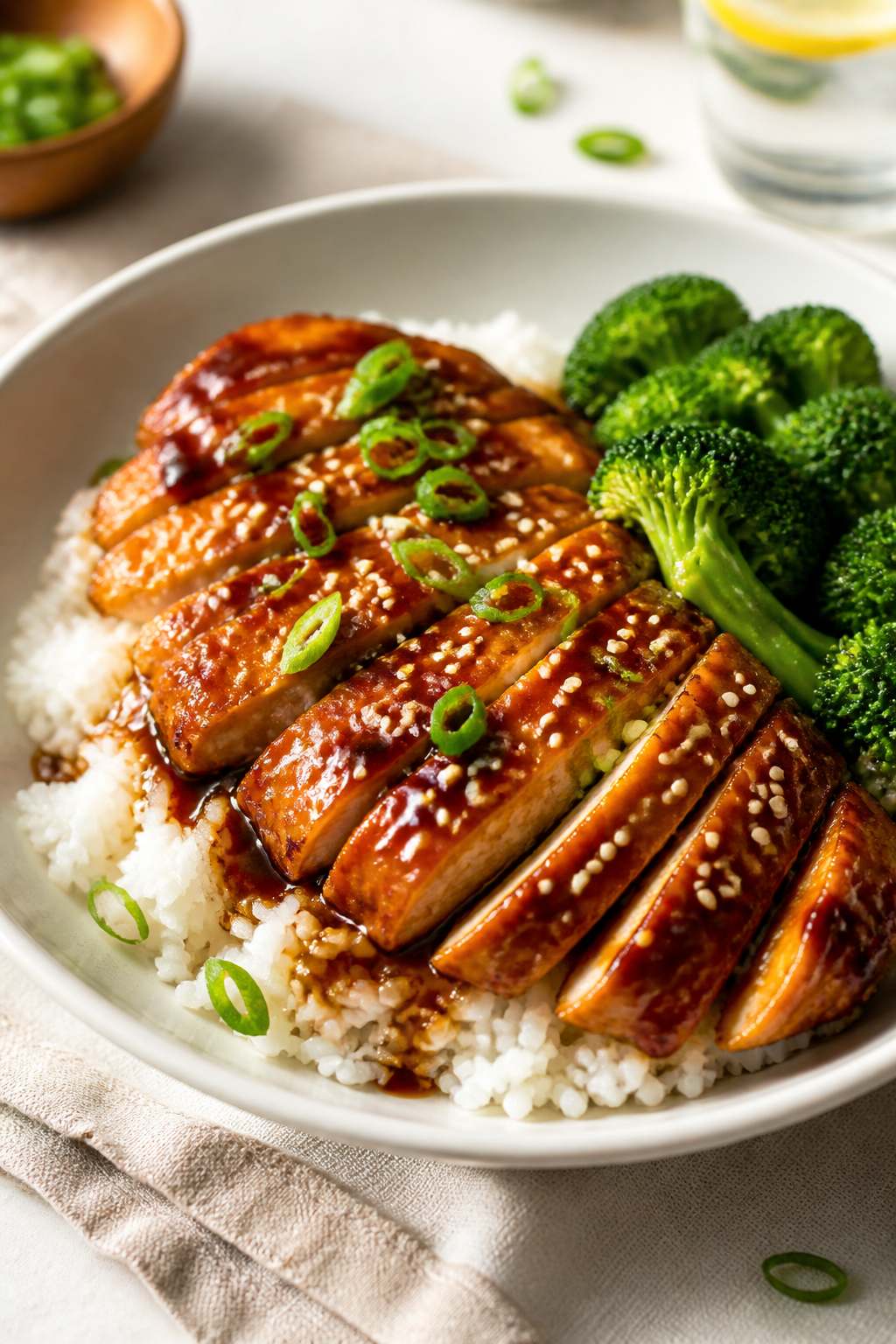 Final plated dish, restaurant-quality: Sliced honey garlic chicken fanned over fluffy jasmine rice, 