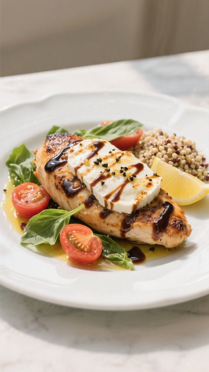 Final plated dish — Restaurant-worthy presentation: Beautifully plated Healthy Caprese Chicken on 