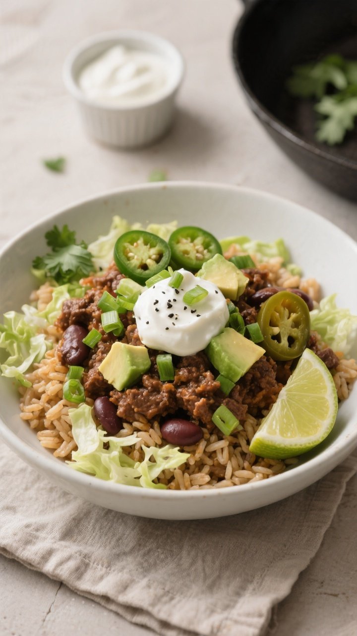 Final plated dish shot: Beautifully composed taco bowl built from the skillet over fluffy brown rice