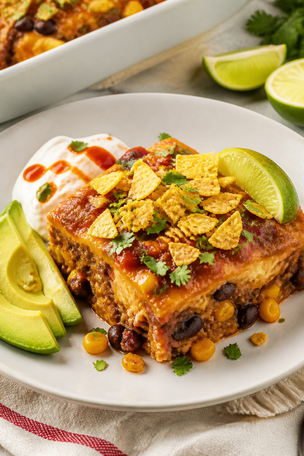 Final plated dish shot: Restaurant-quality presentation of a generous square of the taco casserole o