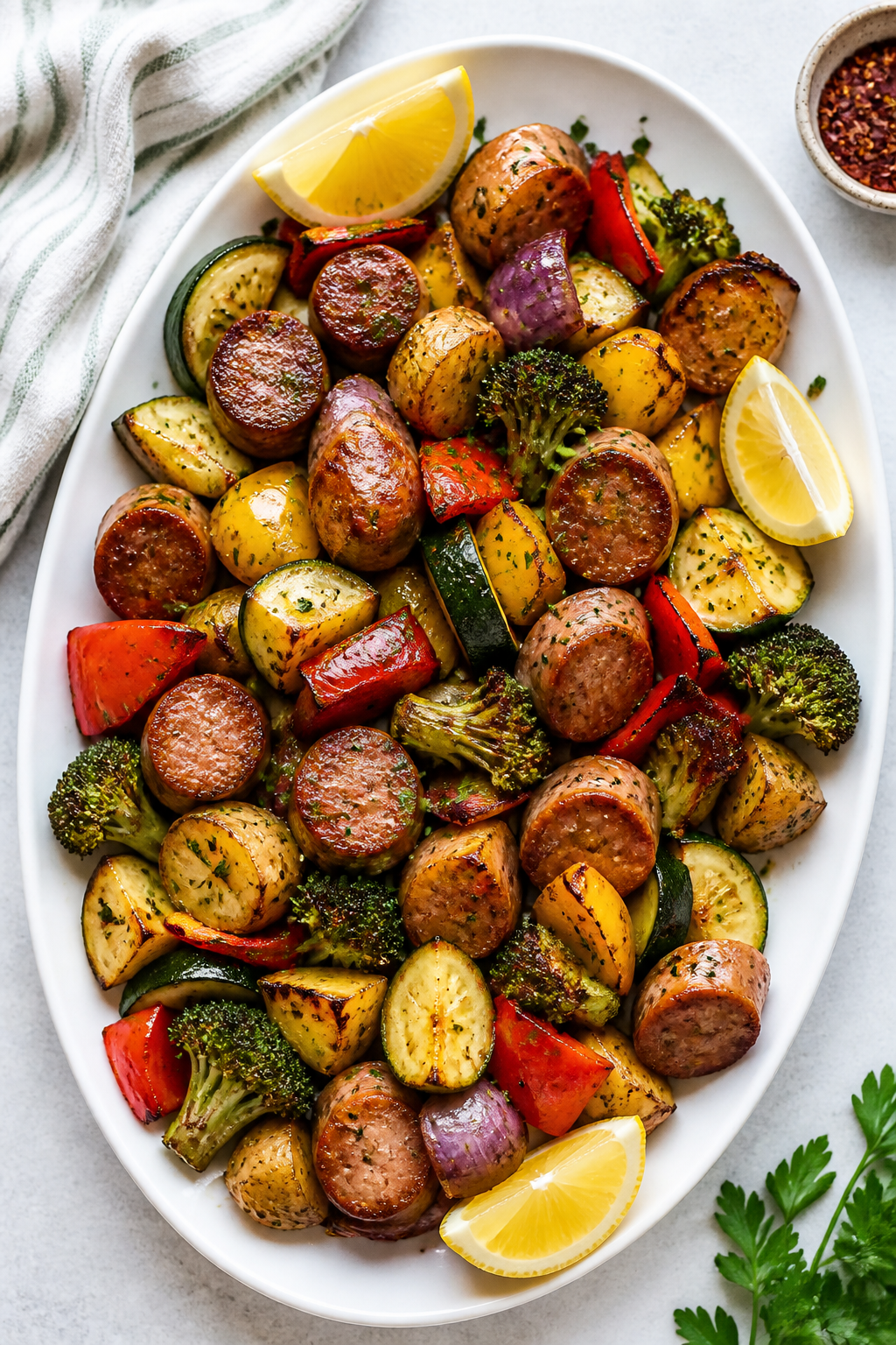 Final plated dish, top view: Tasty top-down shot of the finished Sheet Pan Sausage & Roasted Veggies