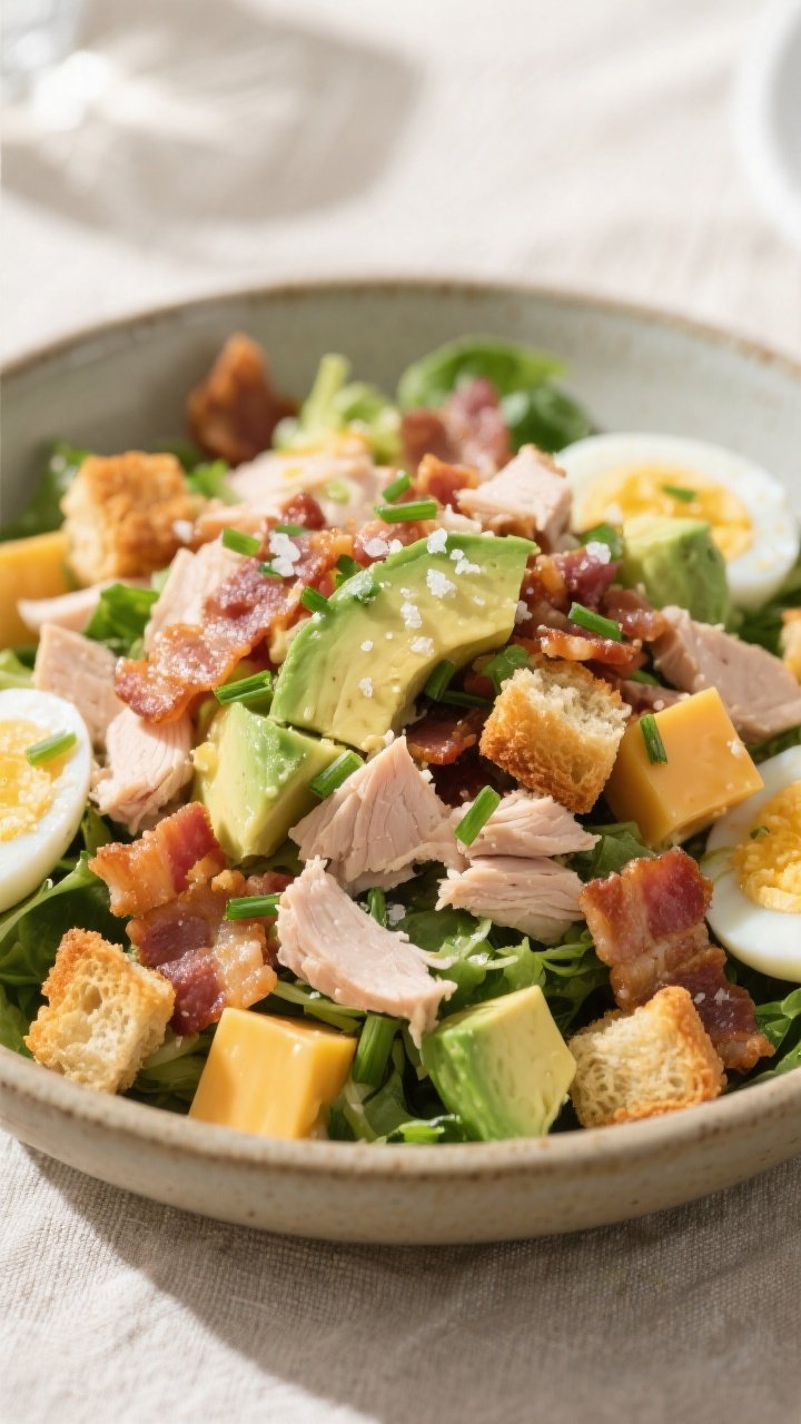 Final plated dish: Turkey Club Chopped Dinner Salad fully finished and ready to serve—juicy diced 