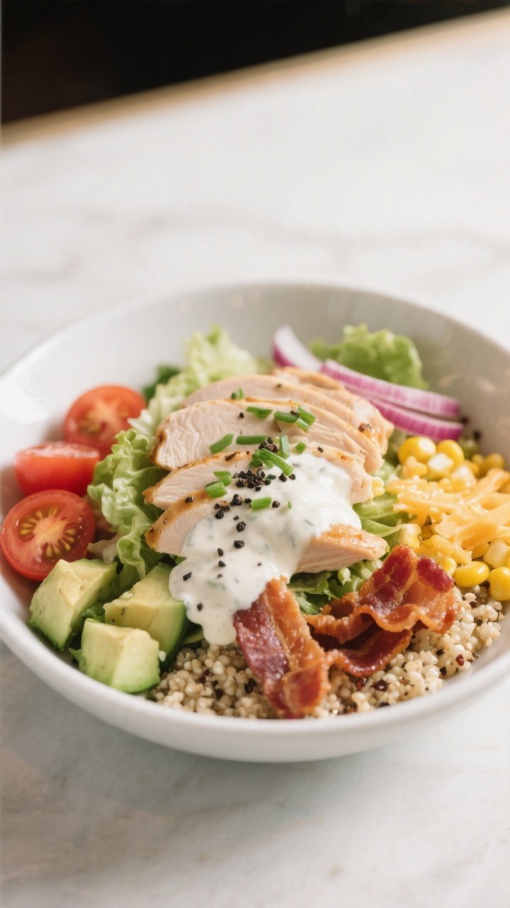 Final plated hero: Beautifully plated Chicken Bacon Ranch Bowl in a wide, shallow white bowl—quino