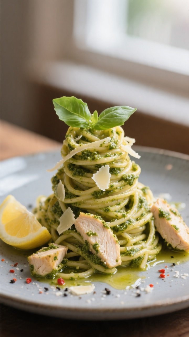 Final plated hero: Beautifully plated chicken pesto pasta twirled into a tall nest on a matte cerami