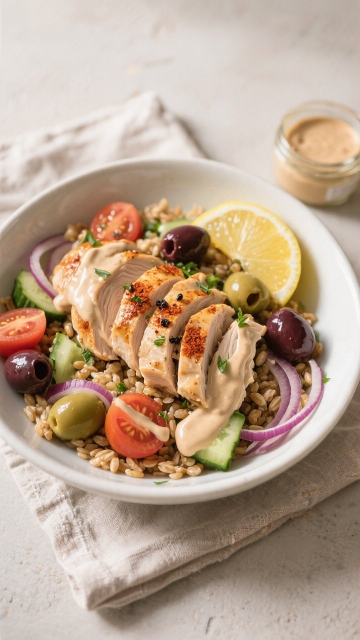 Final plated hero: Beautifully plated High-Protein Mediterranean Chicken Bowl in a wide white cerami