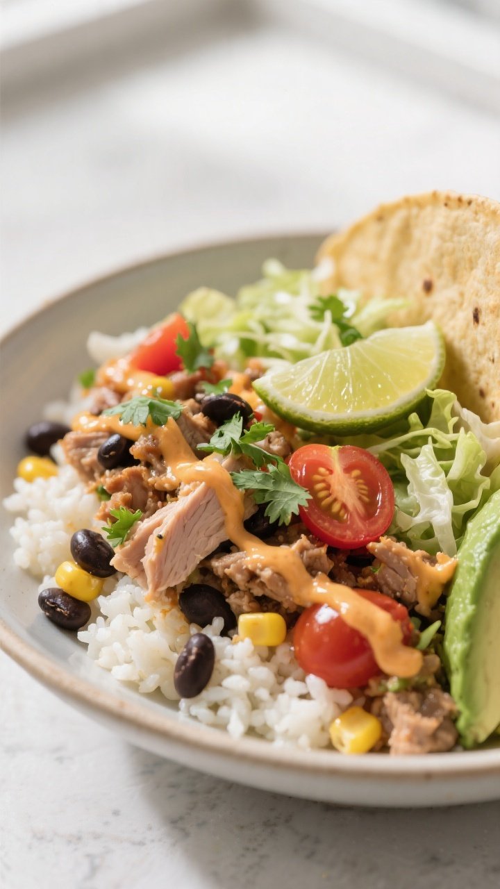 Final plated hero: Beautifully plated low-carb turkey taco bowl on cauliflower rice, extra avocado a