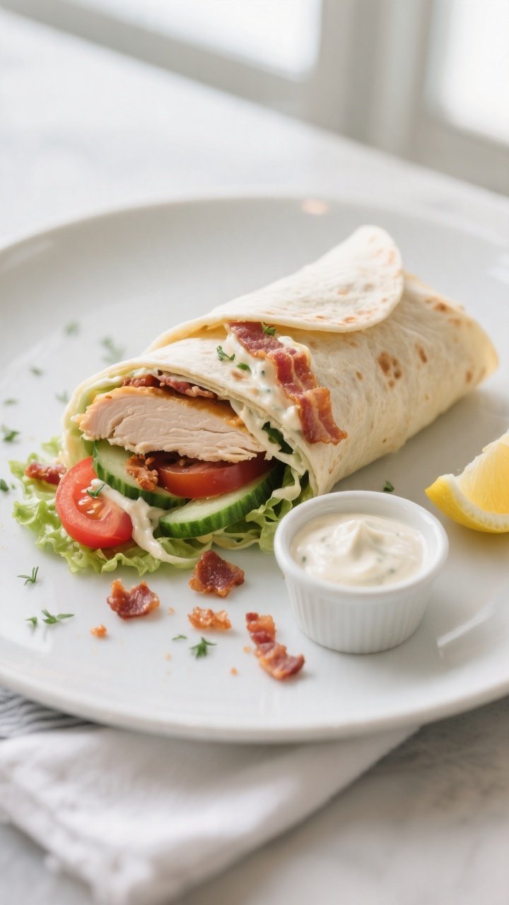 Final plated hero: Beautifully rolled and tightly wrapped Chicken Bacon Ranch Wrap, sliced on the di